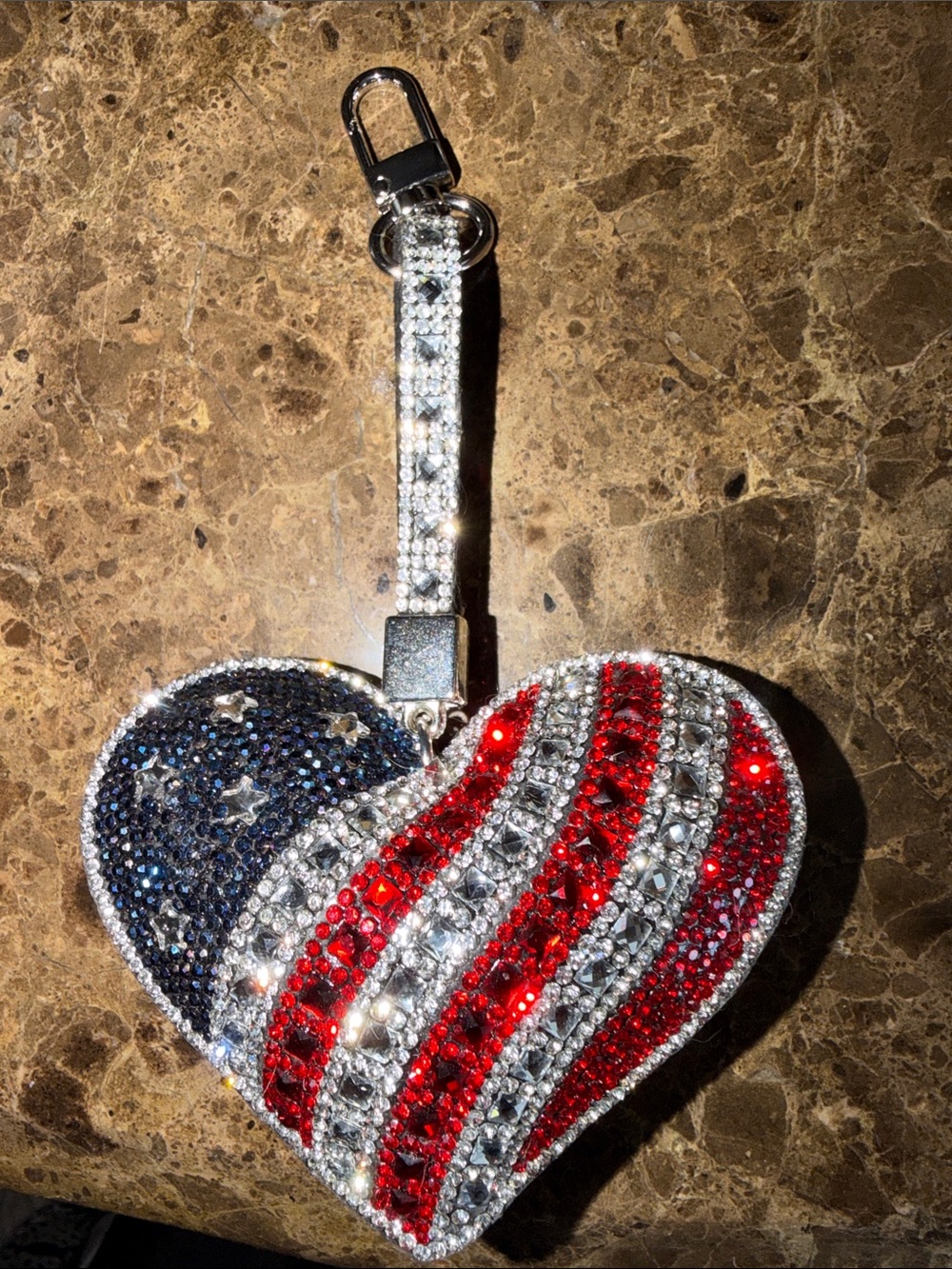 Jacqueline Kent Crystal American Flag Heart Keychain Wristlet -Red, White & Blue